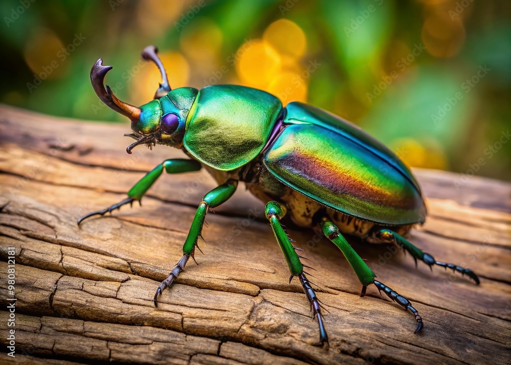 Naklejka premium A vibrant, iridescent green stag beetle perches on a weathered wooden log, its intricate, armored body glimmering in