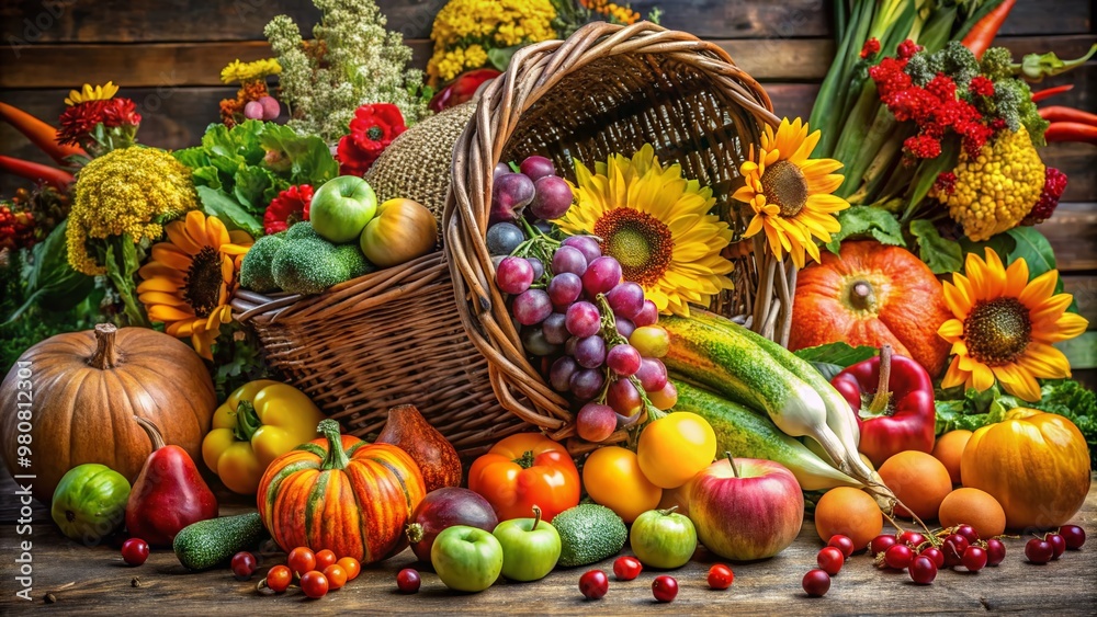 A vibrant, overflowing cornucopia of fresh fruits, vegetables, and flowers spills out of a woven basket, symbolizing A vibrant, overflowing cornucopia of fresh fruits, vegetables, and flowers spills out of a woven basket, symbolizing