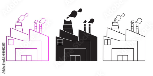 Industrial factories vector icons set. Factory icon illustration. Industry power, chemical manufacturing building warehouse nuclear energy plant.