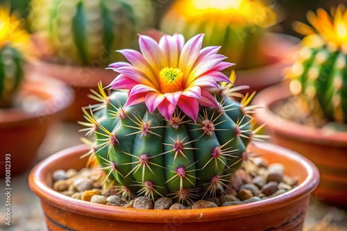 A vibrant, tiny, globular cactus, Gymnocalycium mihanovichii, displays striking pink and yellow stripes, thriving in a photo