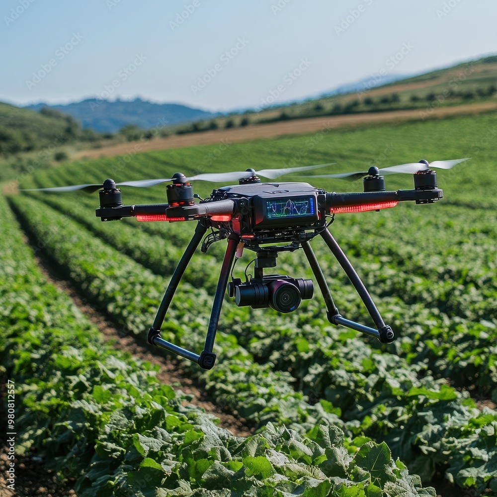 Drone flying over a field of crops for agricultural monitoring. Drone flying over a field of crops for agricultural monitoring.