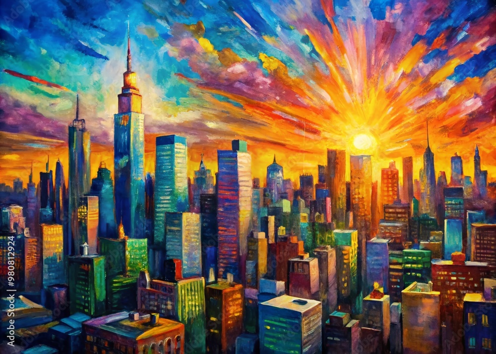 Obraz premium Vibrant abstract acrylic painting depicts a kaleidoscope of colors bursting forth, evoking the urban energy and dynamic architecture of a bustling cityscape at dusk.