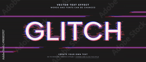Glitch overlay text effect on black monitor background, old television vector graphic style