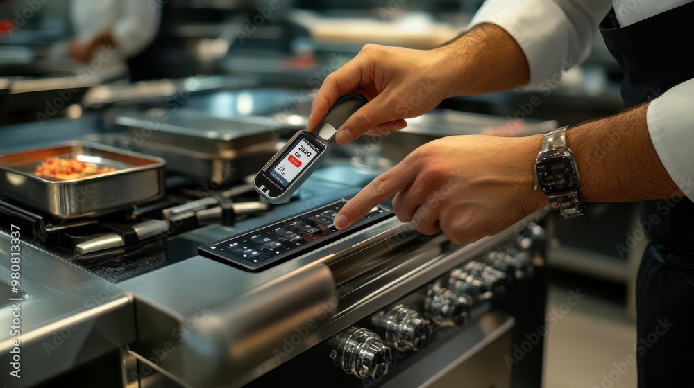 Chef using a digital thermometer to check the temperature of food on a stovetop. Chef using a digital thermometer to check the temperature of food on a stovetop.