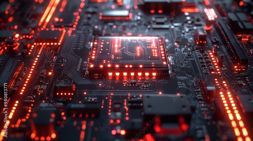 Futuristic Circuit Board with Glowing Orange Lines Futuristic Circuit Board with Glowing Orange Lines
