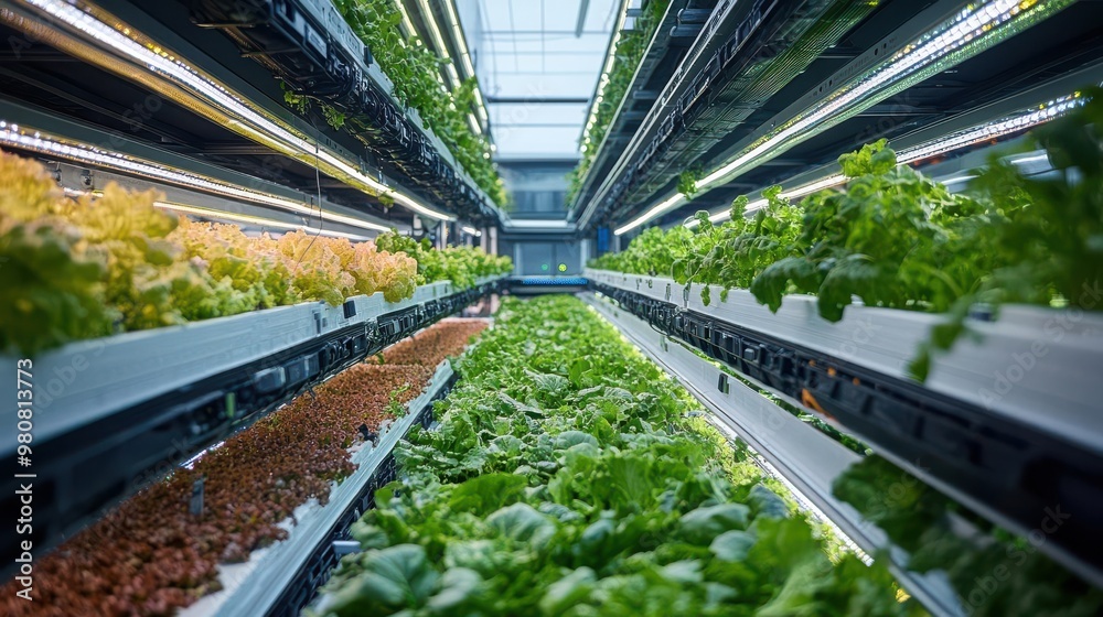 Indoor vertical farm with rows of fresh produce growing under LED lights. Indoor vertical farm with rows of fresh produce growing under LED lights.