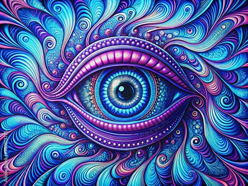 Vibrant swirling patterns in shades of blue and purple create a hypnotic eye in a pop art style painting, mesmerizing and futuristic in its abstract design.