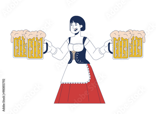 Happy asian waitress holding craft beer mugs 2D cartoon character. Korean female wearing dirndl at oktoberfest isolated person flat vector on white background. Spot illustration colorful