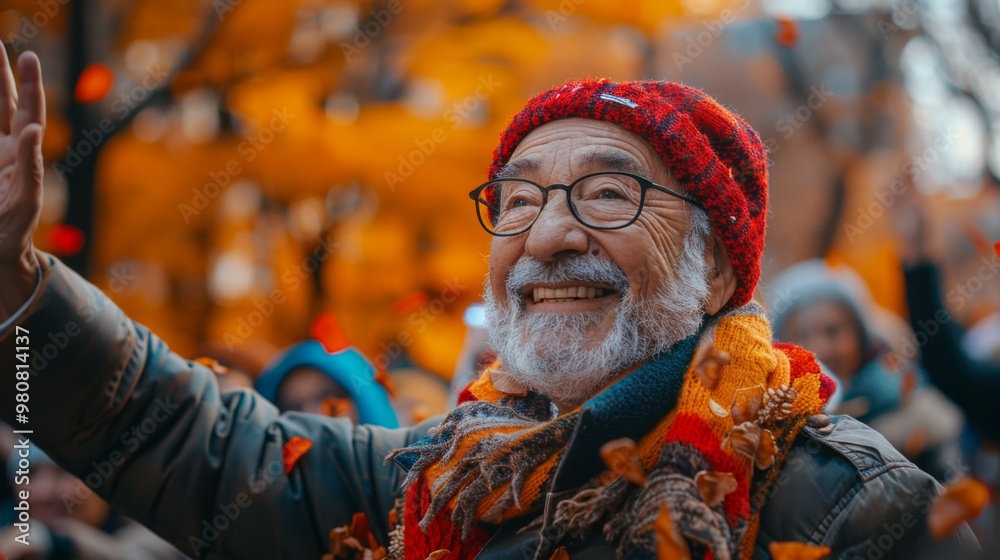 Thanksgiving and Harvest Festival. capture of enthusiastic spectators cheering and waving their hands as Thanksgiving parade passes by, expressions reflecting excitement and camaraderie of event. Thanksgiving and Harvest Festival. capture of enthusiastic spectators cheering and waving their hands as Thanksgiving parade passes by, expressions reflecting excitement and camaraderie of event.