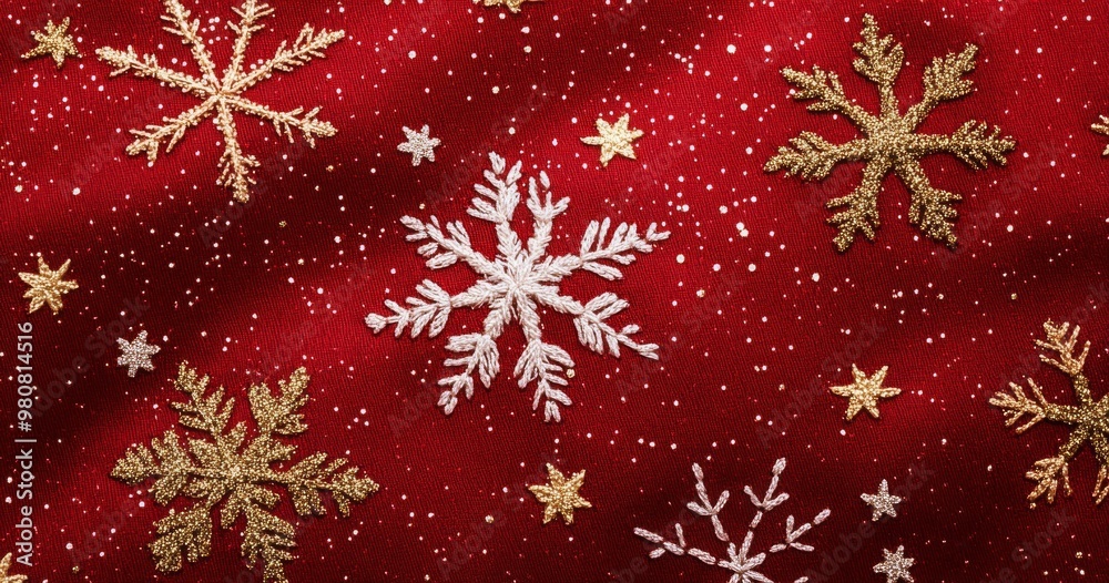 Festive red fabric featuring golden and white snowflakes scattered throughout for holiday decorating Festive red fabric featuring golden and white snowflakes scattered throughout for holiday decorating