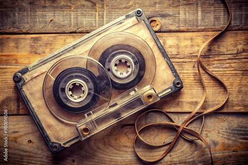 A vintage plastic cassette with magnetic tape wrapped around a central spool, surrounded by worn cardboard sleeve and photo