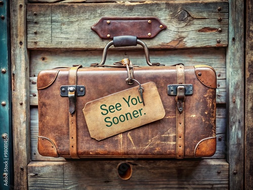 A vintage-style suitcase with a worn leather tag bearing the words 