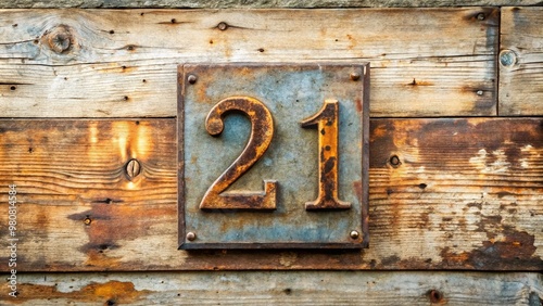 A vintage-style wooden sign with distressed edges and rusty metal numbers displays the prominent digit 21, surrounded