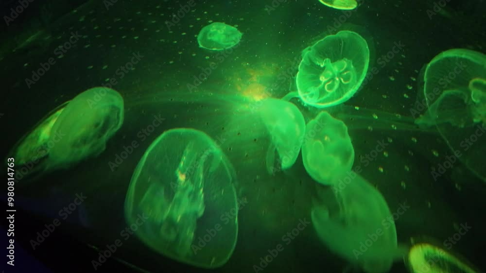 Marine Jellyfish swim slowly under colorful lights inside the aquarium at Sea World, Ancol, Jakarta, Indonesia.