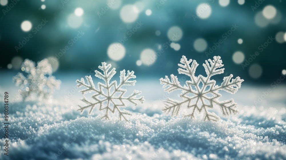 Snowflakes gently falling on a snow-covered landscape during a tranquil winter day
