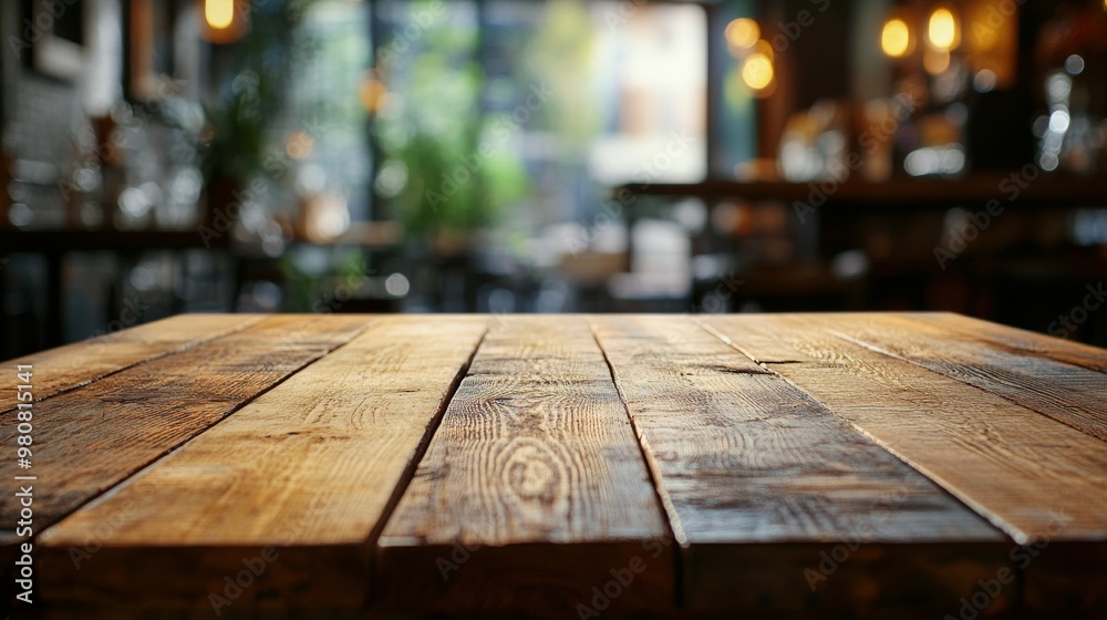 Rustic wooden table in a warm caf setting with blurred background details Rustic wooden table in a warm caf setting with blurred background details