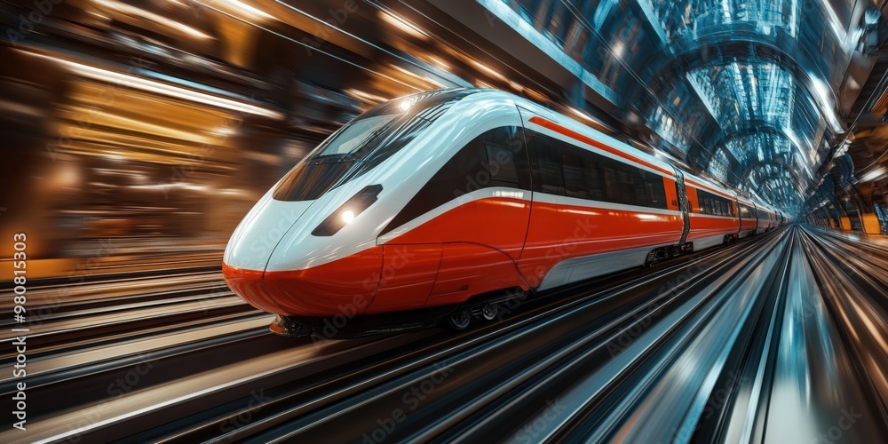 High-speed electric train moving through urban landscape High-speed electric train moving through urban landscape