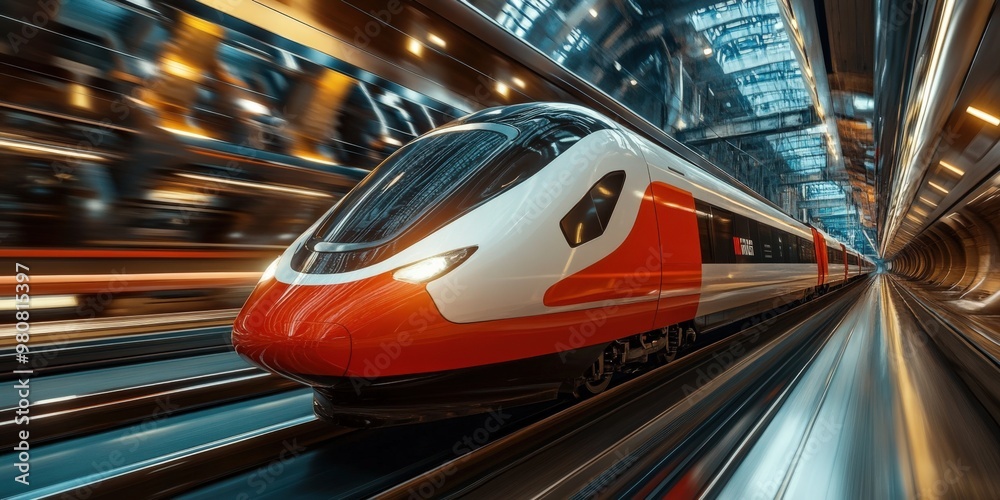 Fototapeta premium High-speed electric train moving through urban landscape