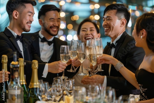 A group of stylish friends in formal attire joyfully celebrate with champagne in a chic venue, exuding glamour and luxury at a festive gathering, creating an upscale and joyful atmosphere