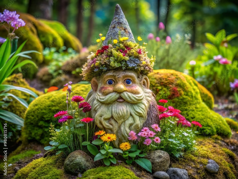 A whimsical, moss-covered stone gnome statue sits serenely amidst lush greenery, surrounded by vibrant wildflowers, A whimsical, moss-covered stone gnome statue sits serenely amidst lush greenery, surrounded by vibrant wildflowers,
