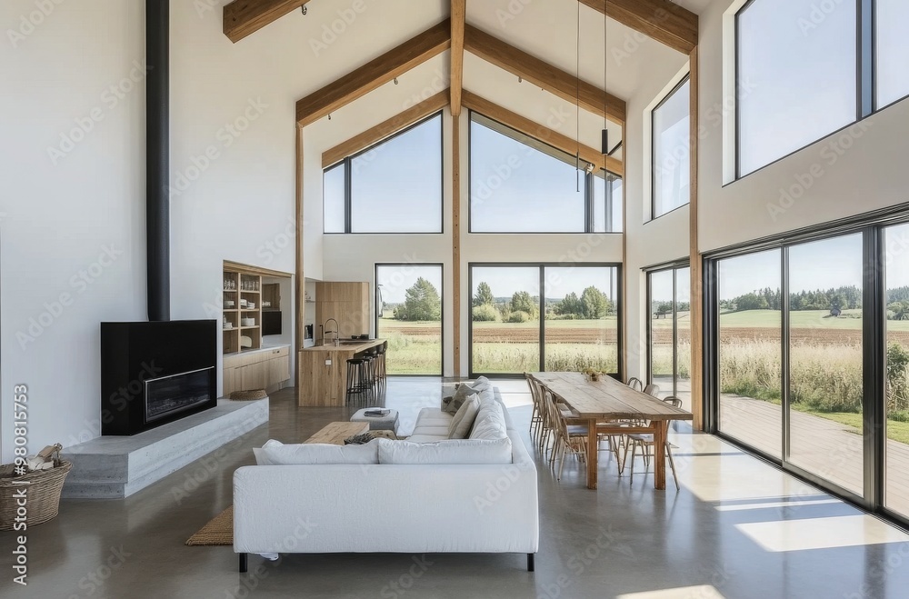 Fototapeta premium Modern multi-level living room with large windows and stunning outdoor views in daylight