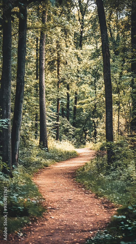 A path winds through a quiet forest, surrounded by lush green trees and soft sunlight, inviting tranquility and reflection A path winds through a quiet forest, surrounded by lush green trees and soft sunlight, inviting tranquility and reflection