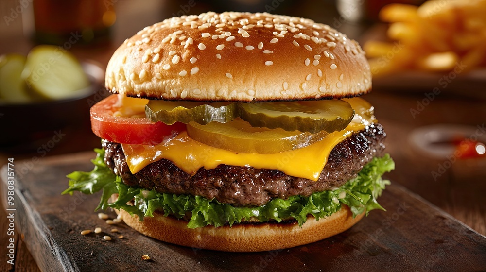 A delicious cheeseburger with layers of fresh ingredients, including lettuce, tomatoes, pickles, and a beef patty in a golden bun.
