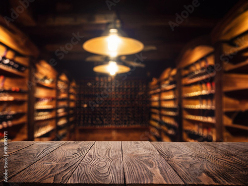 wooden table wine cellar in the background Winery and beverage concept. photo rustic lighting