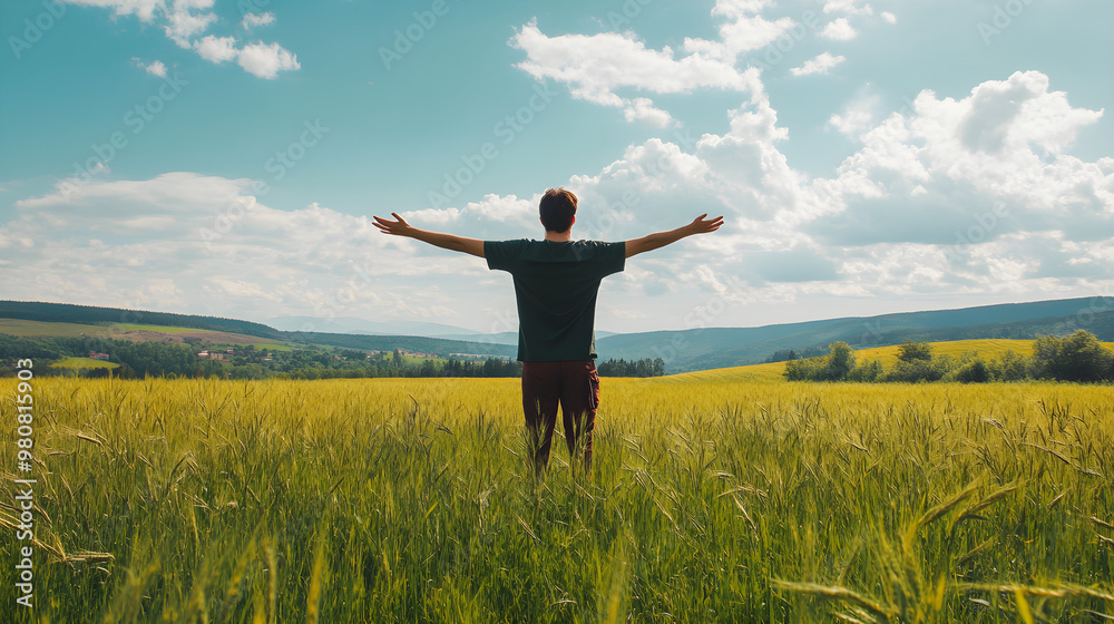 A person stands in an open field with arms outstretched, embracing nature and freedom under a bright sky filled with fluffy clouds A person stands in an open field with arms outstretched, embracing nature and freedom under a bright sky filled with fluffy clouds
