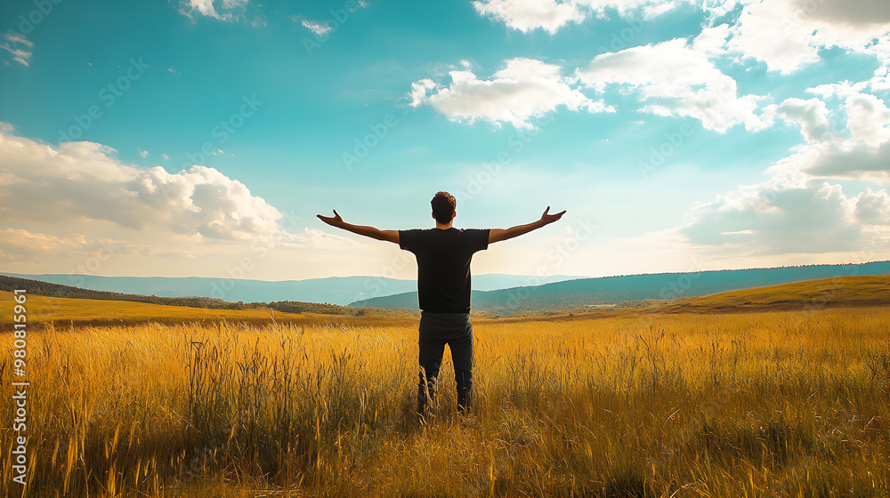 A person standing in an open field with arms outstretched, embracing nature and expressing freedom, surrounded by golden grass and a bright sky A person standing in an open field with arms outstretched, embracing nature and expressing freedom, surrounded by golden grass and a bright sky