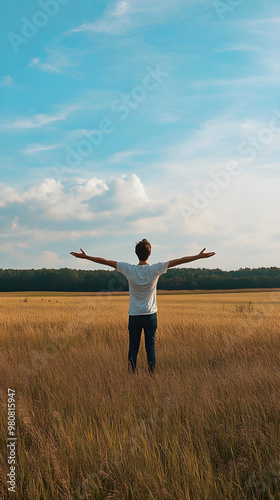 A person stands in an open field with arms outstretched, embracing the vast landscape under a bright blue sky filled with clouds