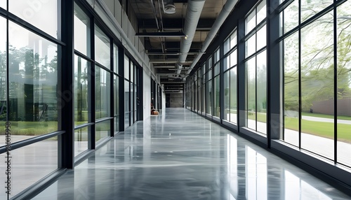 Sleek industrial hallway featuring polished concrete floors and expansive windows