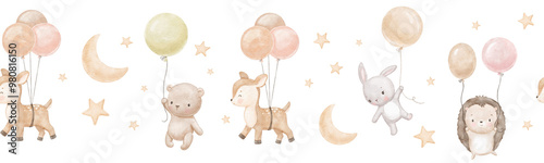 Seamless watercolor border with cute baby bunny, bear and deer. Funny animals are flying with balloons in sky with moon and stars. Hand drawn illustrations set