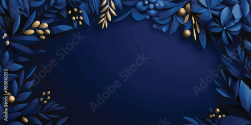 Beautifully crafted digital illustration featuring deep blue foliage and golden accents, perfect for invitations, stationery, or any design project needing touch of elegance