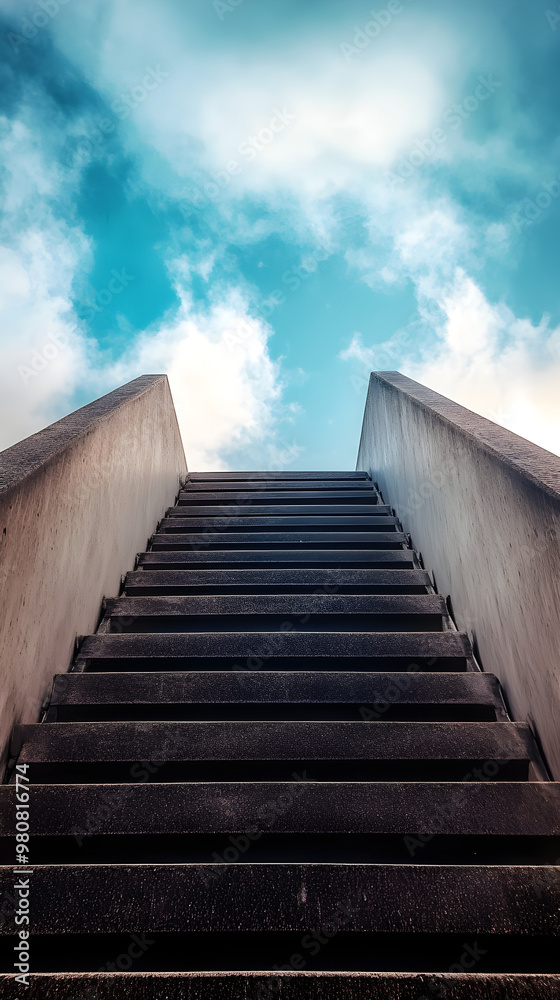 Obraz premium A staircase leads up into a bright blue sky symbolizing ascent and hope, inviting viewers to imagine new possibilities and heights to reach
