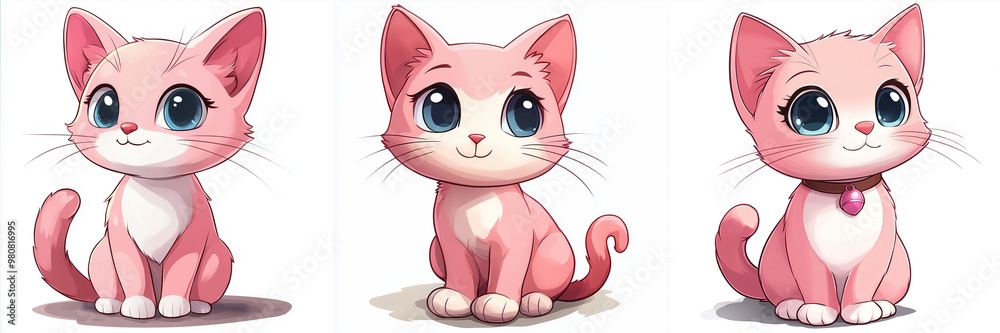 Three cat kitten kitty pink set, cute kawaii cartoon, white background Three cat kitten kitty pink set, cute kawaii cartoon, white background