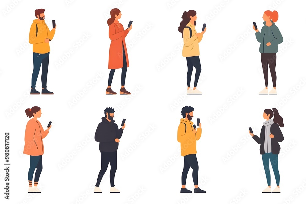 Collection of Stylized Characters Engaged in Smartphone Communication and Conversation Collection of Stylized Characters Engaged in Smartphone Communication and Conversation