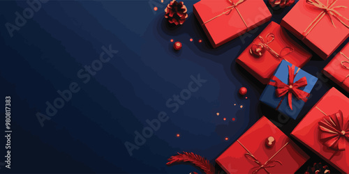 Vibrant arrangement of beautifully wrapped red and blue gifts, complemented by decorative elements like pinecones and ornaments, set against dark background, perfect for holiday celebrations