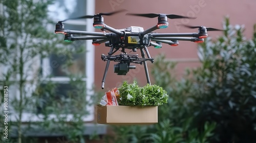 Illustrate a drone dropping off a package of fresh groceries at a doorstep from a worms-eye view, emphasizing the role of technology in food delivery photo