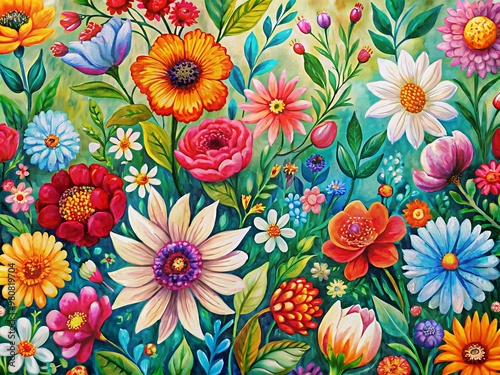 Vibrant abstract hand-drawn floral seamless pattern illustration in acrylic paint featuring blooming flowers on a nature-inspired vintage art style spring season background.