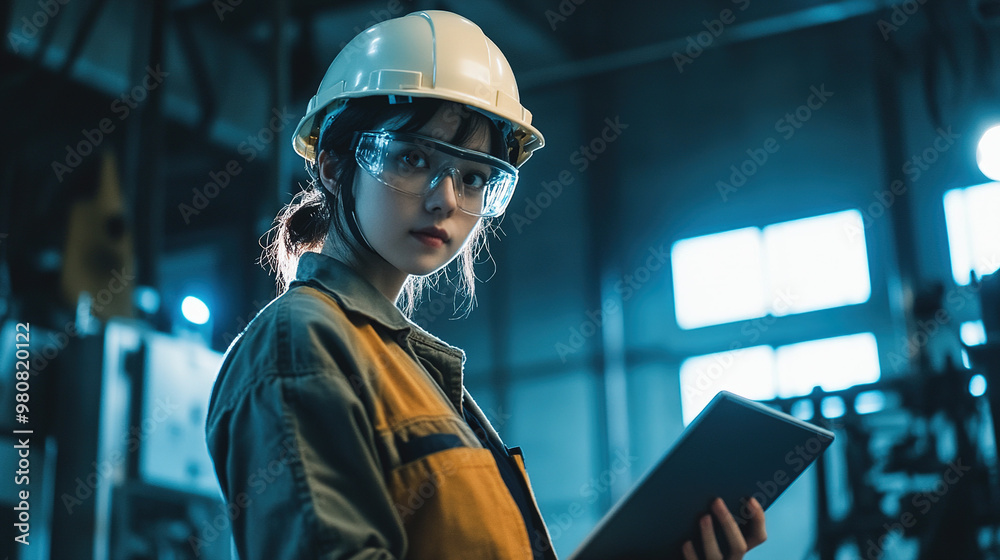 A female engineer worker in a hard hat and work clothes holding a tablet, facing the camera, modern warehouse factory background. A female engineer worker in a hard hat and work clothes holding a tablet, facing the camera, modern warehouse factory background.
