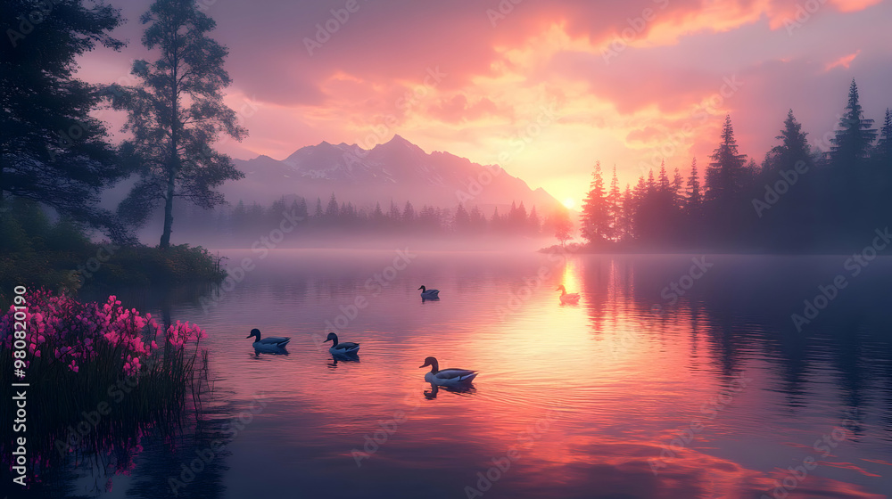 Fototapeta premium Peaceful Sunrise with Ducks on a Misty Lake - Illustration