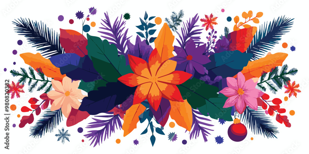 Stunning arrangement of colorful flowers and lush foliage, blending various shades and textures to create lively and eye-catching design, perfect for any artistic project Stunning arrangement of colorful flowers and lush foliage, blending various shades and textures to create lively and eye-catching design, perfect for any artistic project