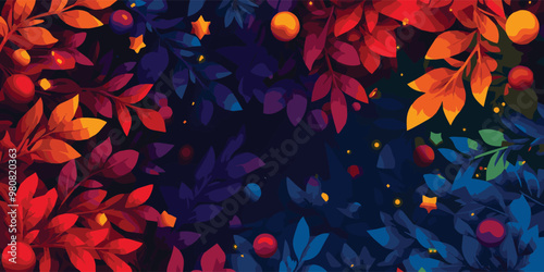 Striking illustration featuring bold autumn leaves in vivid reds, oranges, and blues, creating captivating backdrop filled with warmth and seasonal charm