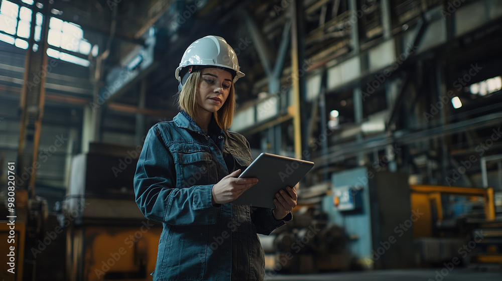 A female engineer worker in a hard hat and work clothes holding a tablet, facing the camera, modern warehouse factory background. A female engineer worker in a hard hat and work clothes holding a tablet, facing the camera, modern warehouse factory background.