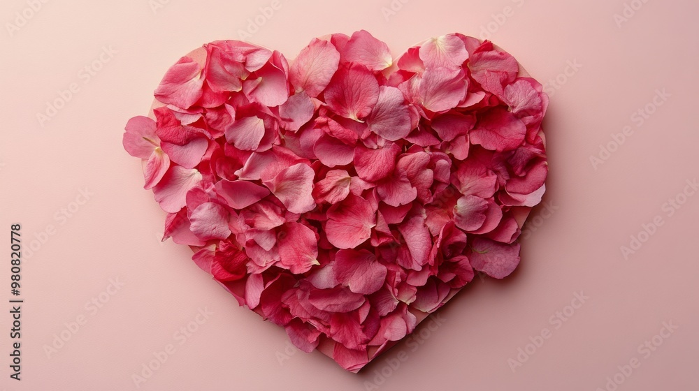 A heart-shaped formation crafted from delicate pink rose petals rests against a soft pastel backdrop