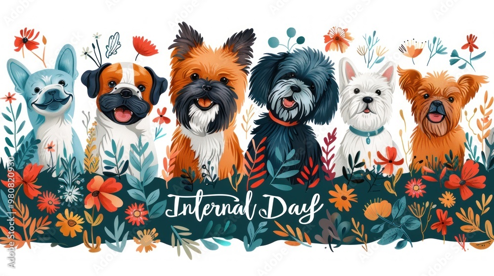 Fototapeta premium Festive gathering of colorful cartoon dogs among bright flowers celebrates a joyful internal day occasion. Generative AI