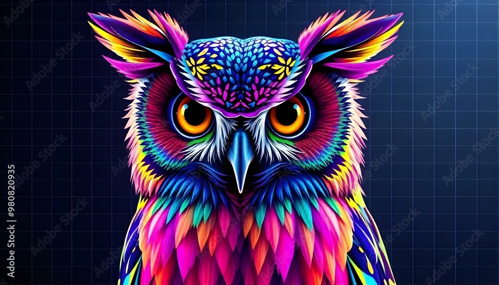 A colorful, psychedelic owl with vibrant feathers A colorful, psychedelic owl with vibrant feathers