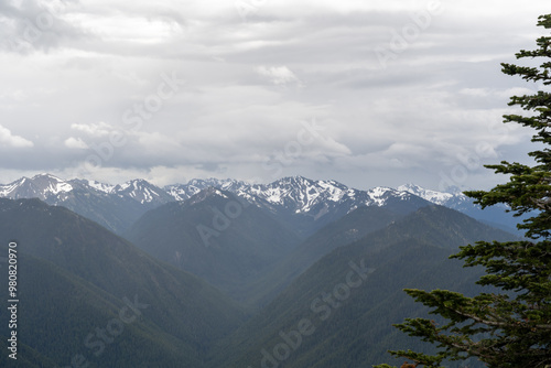 A beautiful view overlooking mountains on a cloudy day from Hurricane Ridge.