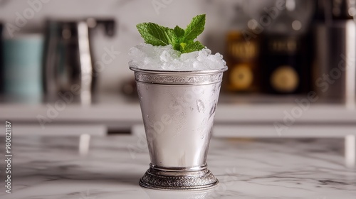 Depict a luxurious mint julep, served in a silver cup filled with crushed ice, fresh mint leaves, and a sprig of mint on top. photo